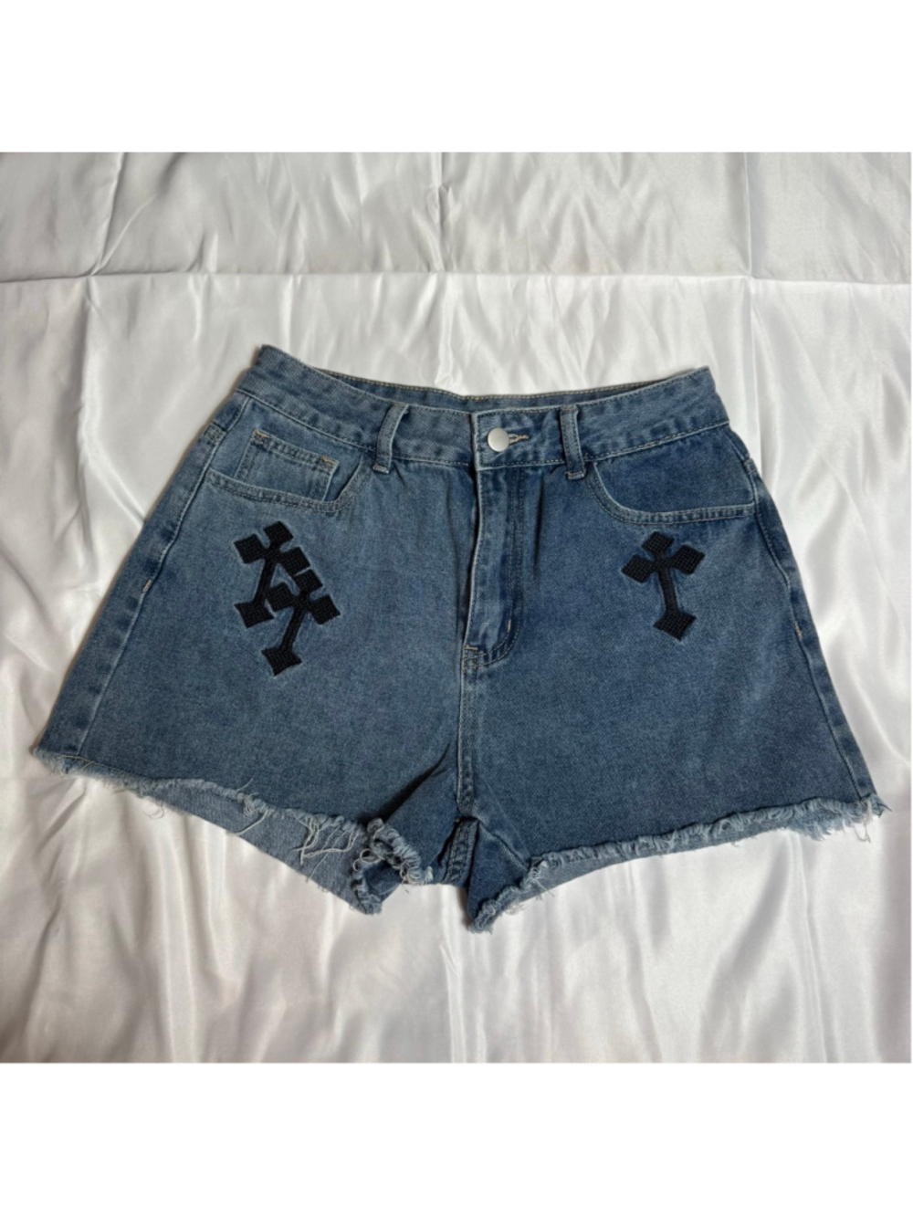 Women's ROMWE Blue Jean Shorts with Black Crosses S